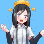  1girl animal animal_on_head arm_warmers asashio_(kantai_collection) bird bird_on_head black_hair blue_background blue_eyes chick kantai_collection long_hair open_mouth school_uniform simple_background solo soubi suspenders too_many too_many_chicks 