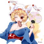  1girl alternate_costume alternate_eye_color blonde_hair blue_kimono blush body_blush breasts cleavage fan fang floral_print food fox_tail hat holding ikayaki itotin japanese_clothes kimono large_breasts looking_at_viewer mouth_hold multiple_tails obi off_shoulder one_eye_closed paper_fan red_eyes sash short_hair simple_background solo squid tail touhou tsurime twitter_username uchiwa upper_body white_background yakumo_ran yukata 