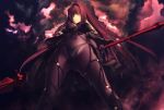  1girl absurdres bodysuit breasts covered_navel covered_nipples fate/grand_order fate_(series) from_below gae_bolg groin highres holding holding_weapon kawanakajima lightning polearm purple_hair red_eyes scathach_(fate/grand_order) skin_tight solo spear weapon 