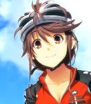  1girl artist_request bicycle_helmet blue_sky breasts brown_eyes brown_hair character_request cleavage clouds helmet sky smile solo source_request sweat sweating 