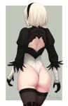  1girl android ass back_cutout black_legwear blindfold from_behind hairband highleg highleg_leotard highres leotard mole mole_under_mouth nier_(series) nier_automata razalor short_hair silver_hair solo thigh-highs yorha_no._2_type_b 