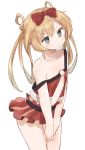  &gt;:&lt; 1girl :&lt; abukuma_(kantai_collection) alternate_costume bare_shoulders blonde_hair blue_eyes bow camisole collarbone double_bun hair_bow hair_rings highres kantai_collection long_hair murakami_meishi o-ring_top skirt solo strap_slip sweatdrop tsurime twintails v_arms white_background 
