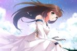  1girl :d brown_hair clouds detached_sleeves dress female gensou_suikoden gensou_suikoden_ii grass green_eyes hair_blowing highres ho-cki jewelry long_dress long_hair necklace open_mouth sitting smile solo viki_(suikoden) wind 