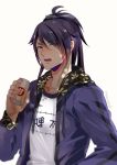  1boy amazake_(drink) blush fudou_yukimitsu hood hooded_jacket jacket male_focus mon open_mouth ponytail purple_hair solo touken_ranbu upper_body violet_eyes 