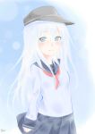  1girl blue_eyes blush flat_cap hat hibiki_(kantai_collection) highres kantai_collection logical looking_at_viewer pleated_skirt school_uniform serafuku silver_hair simple_background skirt smile solo 