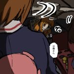  1girl 2girls anglerfish bangs blue_jacket blunt_bangs brown_hair comic emblem from_behind girls_und_panzer headphones jacket long_hair long_sleeves looking_at_another looking_back military military_uniform military_vehicle multiple_girls nishizumi_miho noumen orange_eyes orange_hair panzerkampfwagen_iv short_hair sweat takebe_saori tank tank_interior translated uniform vehicle 