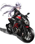  1girl absurdres akagi_towa ankle_boots biker_clothes bikesuit black_boots black_gloves bodysuit boots closed_mouth company_name ducati earrings expressionless fingerless_gloves floating_hair full_body gloves go!_princess_precure hair_rings highres jewelry long_hair looking_at_viewer motor_vehicle motorcycle pointy_ears precure red_eyes sharumon silver_hair simple_background skin_tight solo straddling tsurime twilight_(go!_princess_precure) upright_straddle vehicle very_long_hair wheels white_background 