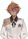  1boy brown_eyes brown_hair gotou_toushirou male_focus mon multicolored_hair purple_hair smile solo streaked_hair touken_ranbu upper_body 