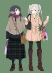  2girls alternate_costume amatsukaze_(kantai_collection) bag black_eyes black_hair blonde_hair boots brown_eyes buttons casual cellphone checkered checkered_skirt green_background grey_hair hamuzora handbag holding_bag holding_phone kantai_collection knee_boots long_hair long_skirt looking_to_the_side multicolored_hair multiple_girls open_mouth pantyhose phone scarf shoes short_hair short_hair_with_long_locks silver_hair skirt smile sweater tokitsukaze_(kantai_collection) trench_coat two_side_up unmoving_pattern 