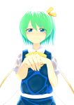  1girl blue_dress blue_eyes blush daiyousei dress fairy_wings green_hair hair_ribbon highres looking_at_viewer puffy_sleeves ribbon sash short_hair short_sleeves side_ponytail simple_background smile solo sugiura_rippu tears touhou upper_body white_background wings 
