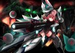  1girl absurdres aiming_at_viewer armor_girls black_legwear blurry blush boots depth_of_field explosion finger_on_trigger fire gloves glowing gun hair_between_eyes headgear highres holding holding_gun holding_weapon legs_apart leotard looking_at_viewer mecha mecha_musume red_eyes redhead solo sphere standing thigh-highs weapon zheyi_parker 