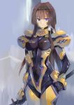  1girl bodysuit breasts brown_hair covered_navel frown hair_ribbon hand_on_hip holding holding_weapon katana long_hair muvluv muvluv_alternative muvluv_total_eclipse pilot_suit ribbon shiny shiny_clothes skin_tight solo standing sword takamura_yui traditional_media very_long_hair violet_eyes watercolor_(medium) weapon yostxxx 