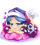  1girl blob blue_eyes blue_hair book book_on_head chibi doremy_sweet hat konata_gazel legs_up lying nightcap object_on_head on_stomach pom_pom_(clothes) solo tail touhou 