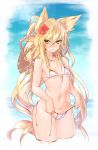  1girl absurdres animal_ears bangs bikini blonde_hair blush collarbone deluxe&lt;&lt;&lt; flower fox_ears front-tie_bikini front-tie_top hair_between_eyes hair_flower hair_ornament hat hibiscus highres long_hair navel original small_breasts solo standing straw_hat swimsuit untied very_long_hair wading water wet white_bikini yellow_eyes 