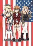  3girls :d ;d absurdres american_flag blonde_hair blue_eyes boots breasts brown_hair charlotte_e_yeager cleavage commentary crossover detached_sleeves fingerless_gloves flag_background garter_straps girls_und_panzer gloves grey_eyes grin headgear heart highres iowa_(kantai_collection) kantai_collection kay_(girls_und_panzer) keygift large_breasts leaning_forward long_hair looking_at_viewer miniskirt mismatched_legwear multiple_crossover multiple_girls one_eye_closed open_mouth panties short_shorts shorts skirt smile star star-shaped_pupils strike_witches symbol-shaped_pupils thigh-highs thumbs_up trait_connection underwear white_legwear zettai_ryouiki 