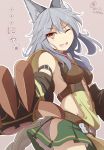  1girl animal_ears blush braid claws dated eyebrows fang gloves granblue_fantasy grey_hair long_hair looking_at_viewer one_eye_closed open_mouth red_eyes sen_(granblue_fantasy) single_braid smile solo tri very_long_hair 