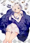  1girl bare_shoulders blue_eyes blue_ribbon breasts choker cleavage cookie cup detached_sleeves dress elbow_gloves food gloves hairband jewelry jewelry_box looking_at_viewer necklace original pearl_necklace ribbon silver_hair smile solo sukja teacup teapot thigh_ribbon white_dress white_gloves 