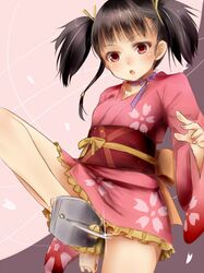  1girl akino_shuu bangs black_hair blade chestnut_mouth choker floral_print geta hair_ribbon japanese_clothes kimono koutetsujou_no_kabaneri leg_up long_sleeves mumei_(kabaneri) no_socks obi red_eyes ribbon ribbon_choker sash solo toes twintails wide_sleeves 