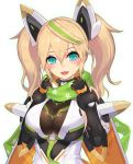  1girl 2d :d aqua_eyes blonde_hair blush breasts commentary_request fang gene_(pso2) headgear large_breasts looking_at_viewer open_mouth phantasy_star phantasy_star_online_2 scarf science_fiction sideboob skin_tight smile solo twintails upper_body 