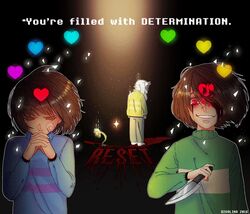  1boy 2016 androgynous animated animated_gif artist_name asriel_dreemurr bandaid bandaid_on_face barefoot blood blood_on_face bloody_clothes bloody_hands bloody_knife bloody_tears bloody_weapon broken_heart brown_hair chara_(undertale) closed_eyes divalina dust english evil_grin evil_smile flower flowey_(undertale) frisk_(undertale) glitch glowing grin hair_over_one_eye hands_clasped heart injury knife monster_boy pants red_eyes reverse_grip smile sparkle spoilers spotlight striped striped_sweater sweater torn_clothes undertale upper_body weapon 