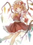  1girl ascot blonde_hair bobby_socks bow crystal flandre_scarlet hat hat_bow hat_ribbon looking_at_viewer mob_cap puffy_short_sleeves puffy_sleeves red_eyes ribbon short_sleeves side_ponytail simple_background skirt skirt_set smile socks solo torino_akua touhou white_background wings 