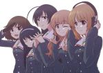  5girls ahoge akiyama_yukari bangs black_hair blunt_bangs brown_eyes brown_hair buttons commentary_request girls_und_panzer group_picture group_profile hand_on_headphones hands_clasped hands_on_headphones headband headphones headphones_around_neck interlocked_fingers isuzu_hana lineup long_hair long_sleeves looking_at_viewer messy_hair military military_uniform multiple_girls naka-san nishizumi_miho one_eye_closed open_mouth orange_eyes orange_hair pocket profile reizei_mako salute school_uniform short_hair simple_background sleepy smile takebe_saori uniform upper_body v white_background 