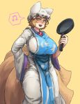  1girl beamed_quavers blonde_hair breasts brown_eyes chanta_(ayatakaoisii) fox_tail frying_pan hand_on_hip hat highres huge_breasts looking_at_viewer multiple_tails musical_note open_mouth short_hair simple_background smile solo spoken_musical_note tabard tail touhou yakumo_ran 