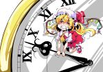  1girl analog_clock ascot blonde_hair clock closed_eyes crystal flandre_scarlet hat hat_ribbon highres mob_cap ribbon roman_numerals shinapuu side_ponytail simple_background solo struggling touhou white_background wings 