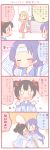  0_0 3girls 4koma ayase_arisa black_hair blonde_hair blue_hair brown_eyes calligraphy_brush comic dress flying_sweatdrops hair_ornament headband lawson long_sleeves love_live!_school_idol_project multiple_girls oversized_object paintbrush red_eyes saku_usako_(rabbit) shirt sonoda_umi striped striped_shirt translated vertical-striped_shirt vertical_stripes yazawa_nico |_| 