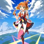  1girl :d blush boots bracelet brown_hair clouds comcom freyja_wion green_eyes hair_ornament heart_hair_ornament jewelry macross_delta microphone open_mouth pink_legwear short_hair sky smile solo standing_on_one_leg thigh-highs thigh_boots 