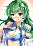  1girl bare_shoulders blue_bra blush bow bow_bra bra breasts cleavage detached_sleeves e.o. frog_hair_ornament green_hair hair_ornament highres kochiya_sanae long_hair looking_at_viewer open_mouth snake_hair_ornament solo sweat touhou underwear upper_body yellow_eyes 