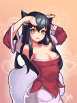  1girl :3 absurdres ahri animal_ears armpits black_hair breasts caramelldansen cleavage detached_sleeves dke fox_ears fox_tail heart highres league_of_legends long_hair looking_at_viewer multiple_tails open_mouth solo tail yellow_eyes 