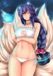  1girl absurdres ahri animal_ears bare_shoulders bell bell_collar bikini bikini_bottom blonde_hair blue_hair braid breasts cat_lingerie collar facial_mark fox_ears fox_tail highres large_breasts league_of_legends long_hair looking_at_viewer multiple_tails navel side-tie_bikini smile solo swimsuit tail thigh_gap thighs very_long_hair yashichii 