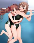  2girls bow brown_eyes brown_hair collarbone competition_swimsuit eyepatch hair_bow hug hug_from_behind indoors long_hair misaka_mikoto multiple_girls one-piece_swimsuit open_mouth red_bow shirai_kuroko short_hair swimsuit to_aru_kagaku_no_railgun to_aru_majutsu_no_index twintails yadokari_genpachirou yuri 