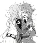  2girls ;o armor face_licking fang genderswap genderswap_(mtf) gotou_toushirou greyscale interlocked_fingers japanese_armor licking monochrome monoyoshi_sadamune multiple_girls necktie one_eye_closed open_mouth sekimo sode tongue tongue_out touken_ranbu yuri 