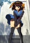  1girl between_legs black_legwear black_shirt blue_skirt brown_eyes brown_hair hair_ribbon hand_between_legs highres leaning_forward orange_ribbon outdoors panties ribbon school_uniform shirt short_hair skirt skirt_lift solo suzumiya_haruhi suzumiya_haruhi_no_yuuutsu thigh-highs underwear white_panties wind wind_lift yadokari_genpachirou 