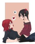  2girls annoyed bare_shoulders black_hair black_legwear blush eye_contact girl_on_top heart looking_at_another love_live!_school_idol_project lying multiple_girls nishikino_maki noel_(pixiv5459099) on_back red_eyes redhead shirt simple_background sitting sweater thigh-highs twintails yazawa_nico yuri 