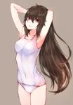  1girl :&lt; armpits bare_shoulders beige_background breasts brown_hair closed_mouth collarbone covered_navel eyebrows eyebrows_visible_through_hair hair_between_eyes highres long_hair one-piece_swimsuit original red_eyes school_swimsuit silver_(chenwen) simple_background sketch skin_tight solo standing swimsuit thighs very_long_hair white_swimsuit 