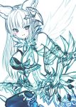  &gt;:d 1girl :3 :d animal_ears blue blue_eyes blush breasts bridal_gauntlets cat_ears cleavage dress feathered_wings granblue_fantasy hair_ornament kabocha_usagi korwa long_hair open_mouth simple_background sketch smile solo thigh-highs tsurime twitter_username white_background wings 