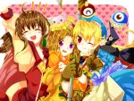  1boy 2girls apron bag blonde_hair blue_hat bow cape curly_hair dress gloves goggles goggles_on_head hat hexagram lilka_eleniak long_hair marivel_armitage multiple_girls pointy_ears red_eyes ribbon staff tim_rhymeless weapon wild_arms wild_arms_2 