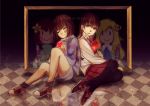  2girls androgynous back-to-back bandaid bandaid_on_face blonde_hair blue_eyes brown_eyes brown_hair chara_(undertale) checkered checkered_floor closed_eyes collared_shirt cravat flower frisk_(undertale) glowing hair_flower hair_ornament heart heart_necklace ib ib_(ib) knife mary_(ib) multiple_girls necktie pantyhose picture_frame qin-ying red_eyes reflection rose shirt shoes shorts sitting skirt smile sneakers socks spoilers striped striped_shirt transparent undertale untied_shoes upper_body watermark web_address 