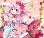  1girl angel_wings animal_ears arm_strap blue_dress blue_eyes breasts cleavage commentary dress easter_egg fang finger_to_mouth flower hair_ribbon happy_easter juliet_sleeves long_sleeves looking_at_viewer multicolored_dress open_mouth original pink_dress pink_hair puffy_sleeves rabbit_ears ribbon sitting smile solo striped striped_legwear thigh-highs thighs uguisu_mochi_(ykss35) wariza wide_sleeves wings 
