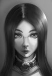  1girl caitlyn_(league_of_legends) close-up eyelashes face greyscale headwear_removed highres league_of_legends long_hair monochrome nose portrait simple_background solo tsugumi_(artist) 