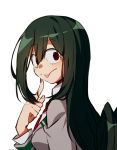  1girl :p asui_tsuyu black_eyes boku_no_hero_academia breasts finger_to_cheek green_hair hair_rings long_hair long_sleeves looking_at_viewer low-tied_long_hair maro_(lij512) necktie school_uniform shiny shiny_hair signature simple_background solo tongue tongue_out white_background 