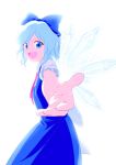  1girl :d blue_dress blue_eyes blue_hair cirno dress hair_ribbon highres ice ice_wings looking_at_viewer open_mouth outstretched_arm puffy_sleeves reaching_out ribbon short_hair short_sleeves simple_background smile solo sugiura_rippu touhou upper_body white_background wings 
