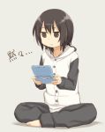  1girl animal_costume barefoot black_hair buttons funami_yui handheld_game_console jitome legs_folded nintendo_3ds pajamas panda_costume shikou_sakugo_(qqap9gt9k) short_hair sitting solo toes yuru_yuri 