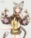  1girl animal_ears bare_shoulders braid center_opening claws granblue_fantasy grey_hair navel_cutout poking red_eyes sen_(granblue_fantasy) short_hair skirt solo_focus yuu_(amadoki) 