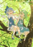  2girls blue_dress blue_eyes blue_hair blue_shoes bow cirno clenched_hands daiyousei dress green_eyes green_hair hair_bow hair_ribbon ice ice_wings in_tree irigoma_(jikabi_baisen) leaf multiple_girls open_mouth pointy_ears puffy_short_sleeves puffy_sleeves ribbon shoes short_hair short_sleeves side_ponytail sitting sitting_in_tree smile socks touhou tree wings 