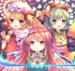  3girls blonde_hair danmaku face_mask fang flandre_scarlet fox_mask green_eyes green_hair hat hat_ribbon hata_no_kokoro heart komeiji_koishi laevatein looking_at_viewer mask mob_cap multiple_girls naginata open_mouth pink_eyes pink_hair pjrmhm_coa polearm red_eyes ribbon shirt side_ponytail skirt smile third_eye touhou weapon wrist_cuffs 