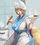  1girl blonde_hair breasts brown_eyes chanta_(ayatakaoisii) cooking fox_tail hat ladle large_breasts looking_at_viewer multiple_tails open_mouth short_hair solo tabard tail touhou yakumo_ran 